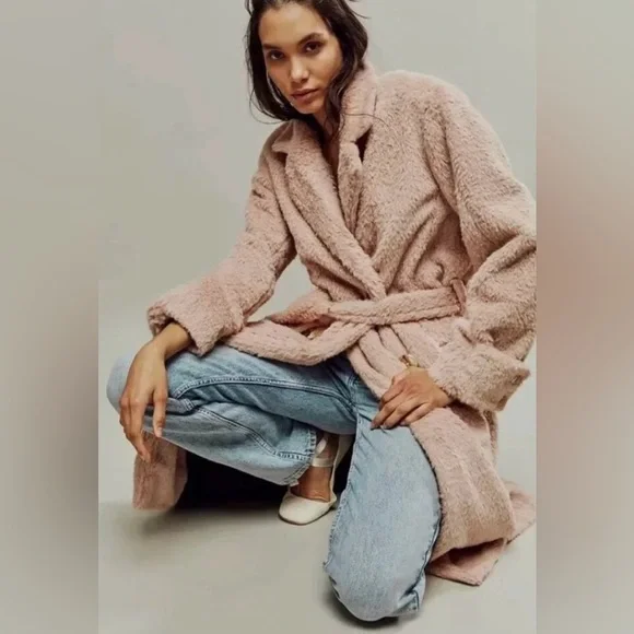 🆕 FREE PEOPLE Cuff it Coat Pink Teddy Cozy Faux Fur Trench Coat Jacket - Picture 10 of 13